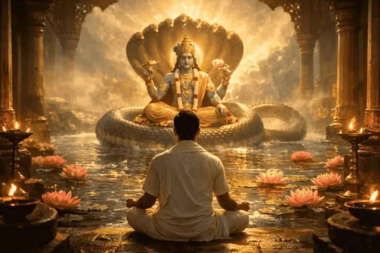 शेषनाग पर विराजमान भगवान विष्णु के सामने ध्यान करता भक्त, शांत आध्यात्मिक वातावरण
