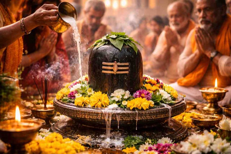 महाशिवरात्रि पर बेलपत्र और फूलों से सजे शिवलिंग के आसपास पूजा करते भक्त