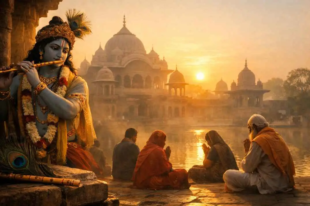 वृंदावन मंदिर में श्रीकृष्ण की भक्ति का शांत दृश्य